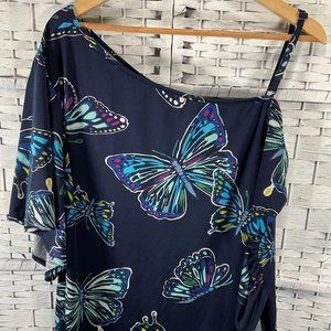 Size: 2X - Navy Top Butterfly Print Asymmetrical Neckline w/ Wrap Style Bodice